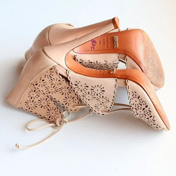 Schutz Tan Perforated Leather Heels Lace-up Peep Toe Summer Shoes Size 6.5 - Picture 14 of 16